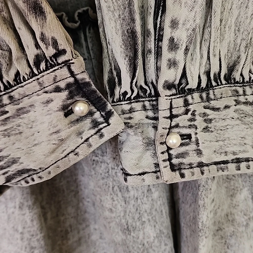 River Island Acid Wash Longsleeve Shirt Dress Pearl Button Down Size 12 - Picture 4 of 11